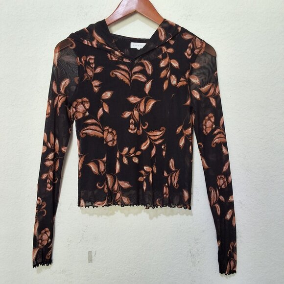 Promessa Black & Brown Floral Sheer Cropped Mesh Hooded Top L - Picture 2 of 7